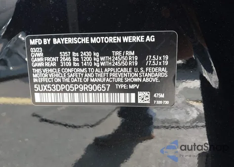2023 BMW X3 xDrive30I z USA, uszkodzony, nr VIN 5UX53DP05P9R90657